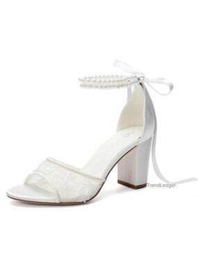 Bridal Sandals Pearl Ankle Strap Lace Block Heel Open Toe Wedding